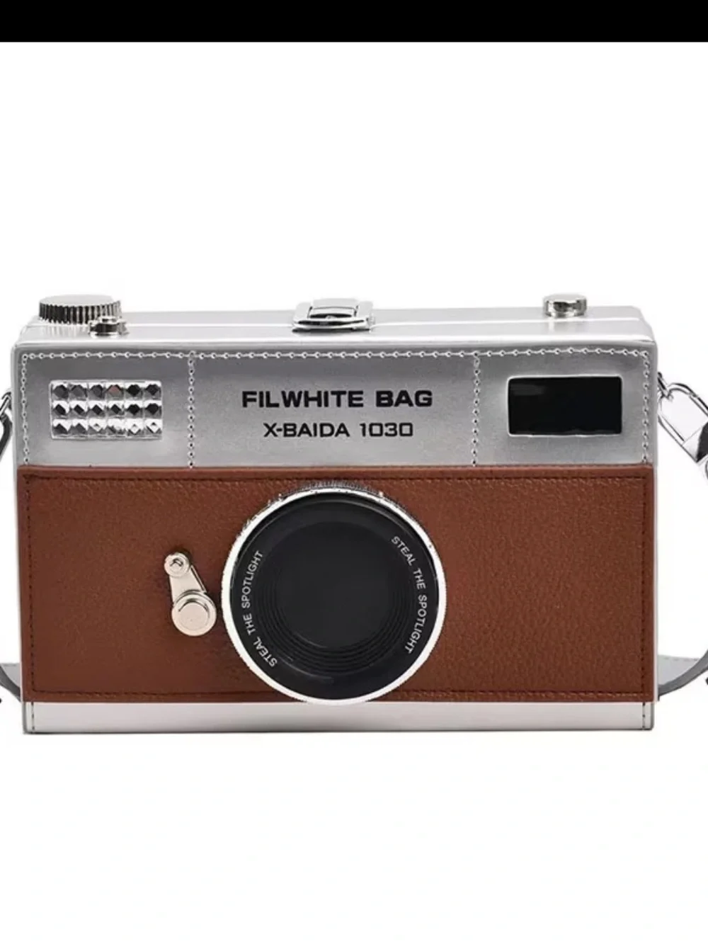 Kohl's Retro Camera-Shaped Crossbody Bag in Brown and Silver
